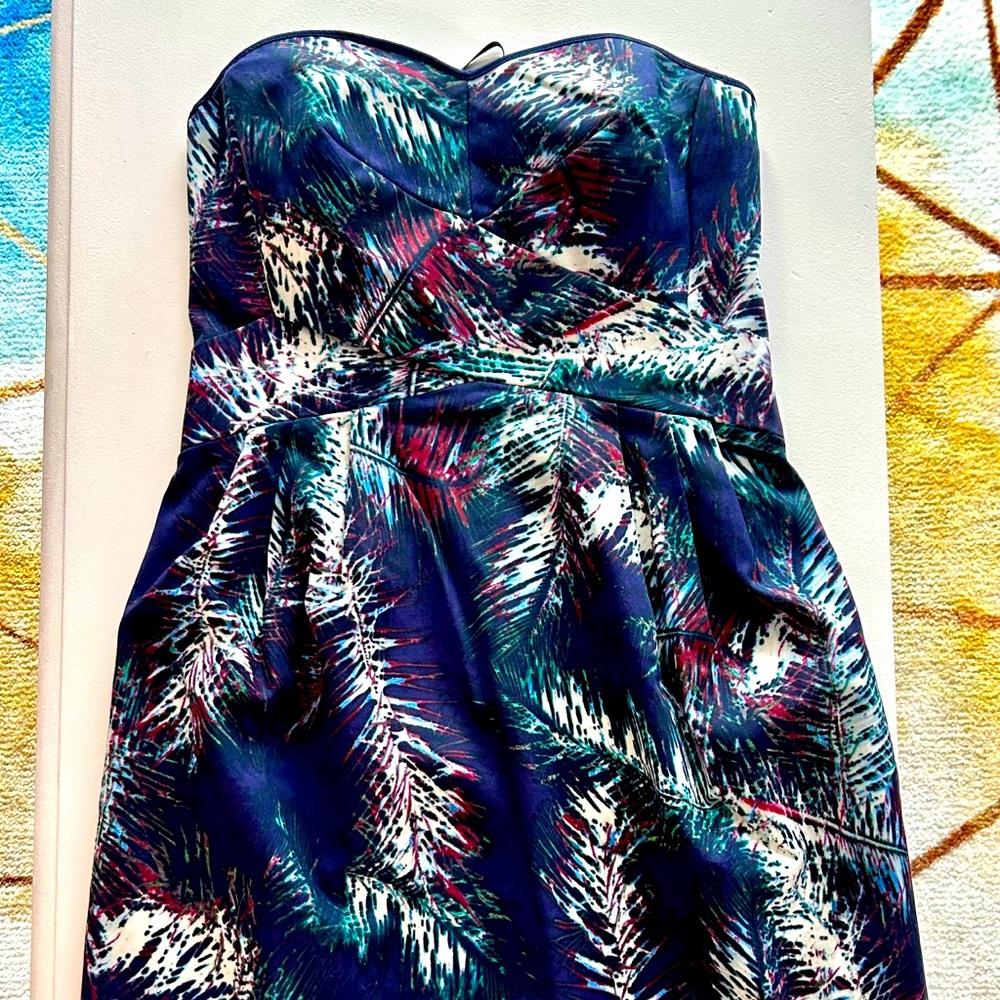Strapless Tropical Print Navy Dress